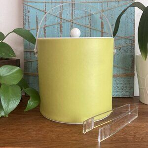 Crate & Barrel Bright Lime Green MCM Style Ice Bucket With Lucite Lid & Tongs